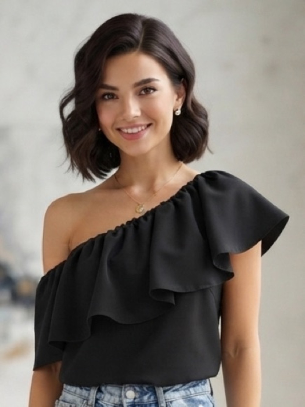 Impressions Black One-Shoulder Ruffle Dress